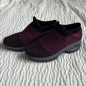 Purple and Black Slip-On Sneakers with Knit Upper